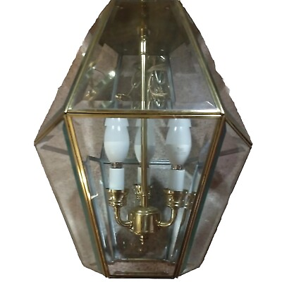 #ad Vtg Hexagon Brass Hanging Beveled Glass French Lamp With Three Candles amp; chain $94.98