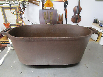 #ad Antique Cast Iron Oblong Oval Cook Wash Pot Double Handles w Gate Mark $125.00