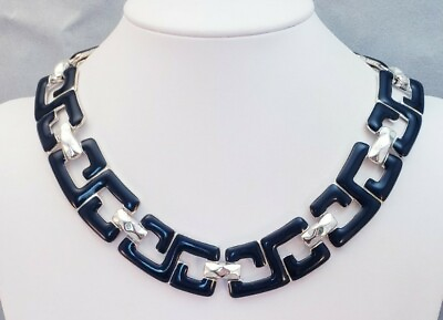 #ad Monet Chunky Dark Blue Enameled G Patterned Collar Choker Vintage Necklace $39.00