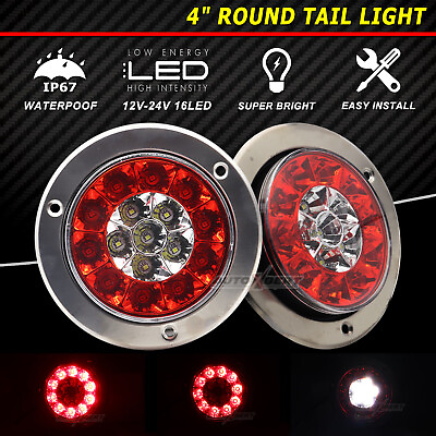 #ad 2X Red White 16 LED 4quot; Round Truck Trailer RV Brake Stop Turn Signal Tail Lights $14.49
