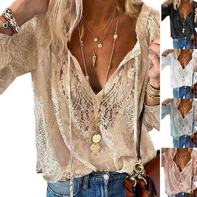 #ad Summer Womens Lace V Neck Long Sleeve Tops Blouse Ladies Casual Loose T Shirt $20.99