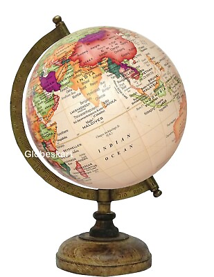 #ad MANGO WOOD ANTIQUE GLOBE WITH BRASS ARC 8 IN CREAM GIFT ITEM FOR HOME OFFICE $92.05
