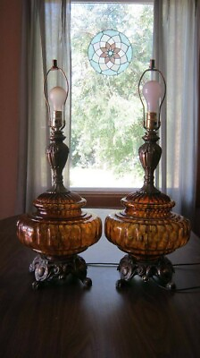 #ad Pair XL Mid Century Modern Hollywood Regency Iridescent Amber Glass Table Lamps $500.00