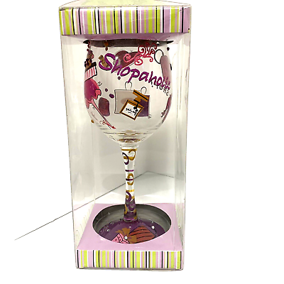 #ad Hand Painted Stem Wine Glass Gift Holiday Bling Fun Party Shopaholic New in Box $9.74