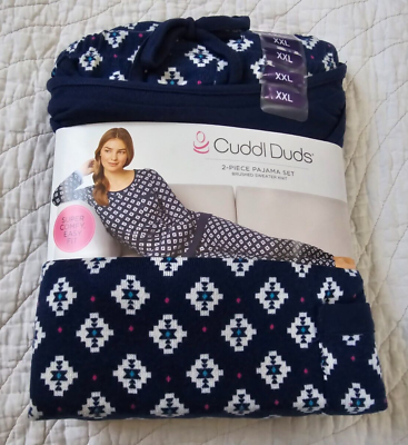#ad NEW Cuddl Duds XXL Brushed Sweater Knit 2 PC Pajama Set Navy Print NWT $12.95