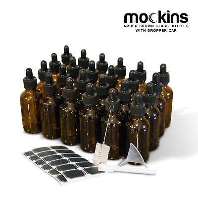 #ad Mockins 24 Pack Amber 2 Oz Dropper Glass Bottles Dropper Funnel Brush Labels $22.99