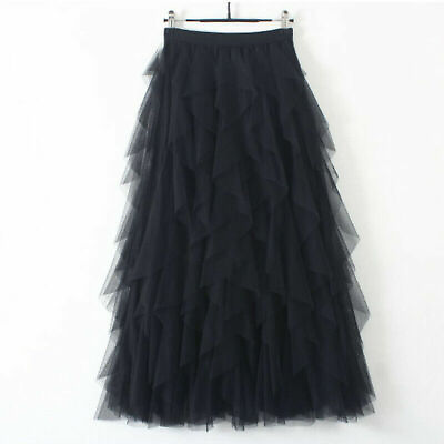#ad Women Skirt Solid Color Long Skirt Tulle Mesh Pleated Elastic High Waist Layered $19.81