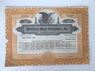 #ad 1940s INDUSTRIAL METAL FABRICATORS Preferred Stock Certificate IL 1 Day Ship 👍 $9.99