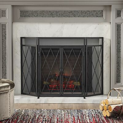 #ad Kyomi Modern Iron Folding Fireplace Screen with Door $133.87
