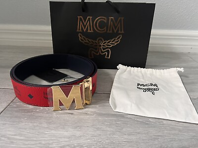 #ad Authentic Adjustable Reversible Red to Blue MCM Belt with Gold Buckle One Size $159.99