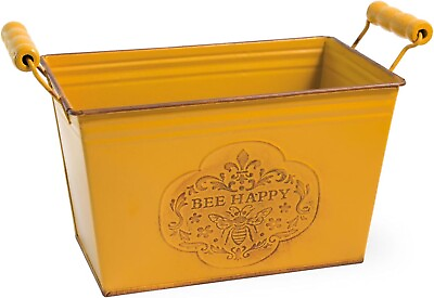#ad Bee Happy Yellow Rectangle 10 x 6 Inch Metal Planter Tin with Handles $20.00