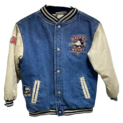 #ad Vintage 90#x27;s Disney Store Mickey Mouse Embroidered Denim Varsity Jacket YOUTH M $99.49