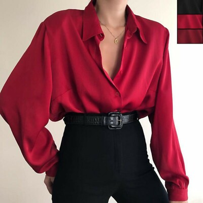 #ad Women Button Blouses Shirts Office Lady Casual Blouse Loose OL Shirt Baggy Tops $28.43