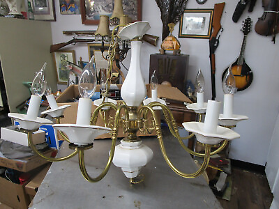 #ad Vintage Brass White Porcelain Hanging Chandelier 8 Light Lamp $110.00