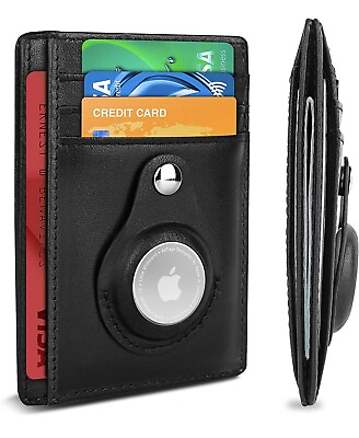 #ad Slim Minimalist Leather Front Pocket Wallet Built in Case Holder AirTag Black $12.99