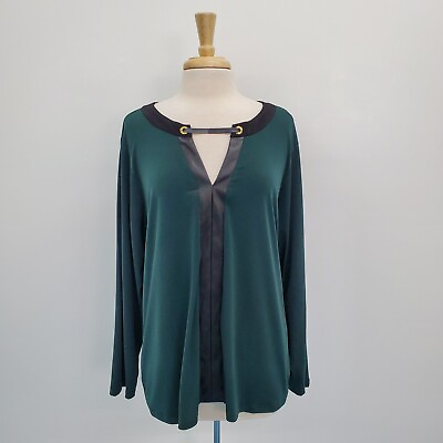 #ad Calvin Klein Womens Emerald Green Faux Leather Long Sleeve Blouse Top Size 2X $19.98
