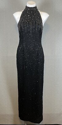 #ad VTG Black Halter Maxi Dress Size 6 Sleeveless Sequin Rhinestone Silk Cocktail $89.95
