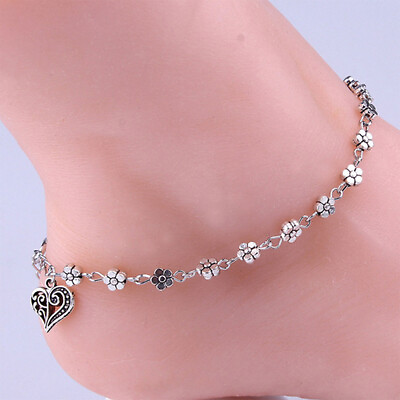 #ad Silver Filigree Heart Charm Anklet Daisy Flower Ankle Bracelet 10 inch Chain New $9.59