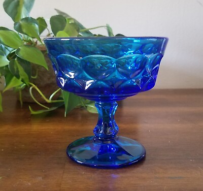 #ad Vintage Mid Century Modern Blue Glass Sherbet Dessert Cup Noritake Thumbprint $14.00