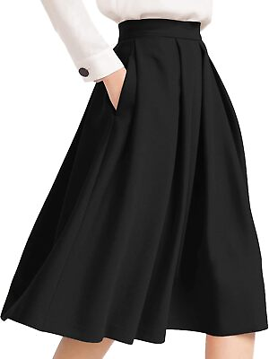 #ad Women#x27;s High Waist Flared Skirt Pleated Midi Skirt with Pocket $57.33