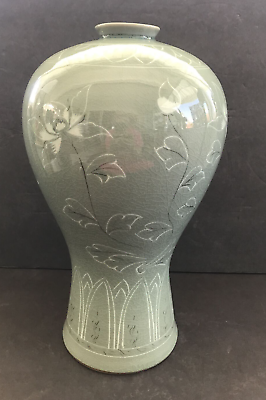 #ad CELADON Crackle Floral Korean Meiping Signed Vintage Vase 12 1 2” $150.00