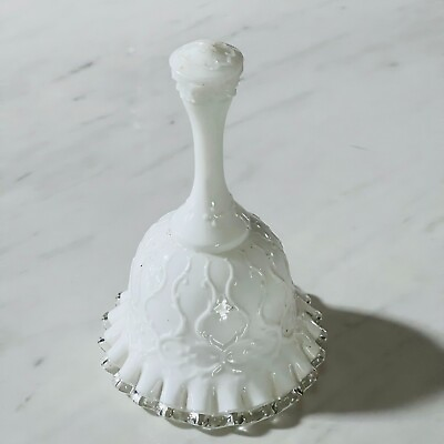 #ad Vintage White Milk Glass Hand Bell Embossed Ruffled Edge with Clear Glass Rim $23.24