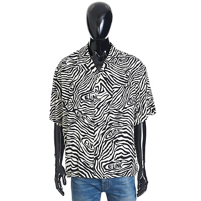 #ad CELINE 990$ Hawaiian Shirt Black White Viscose Zebra Logo Print Loose Fit $552.00