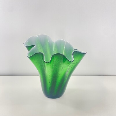 #ad Vintage Large Green Cased Art Glass Ruffled Vase $100.00