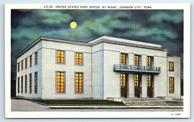 #ad Postcard US Post Office by Night Johnson City TN linen J143 $1.99