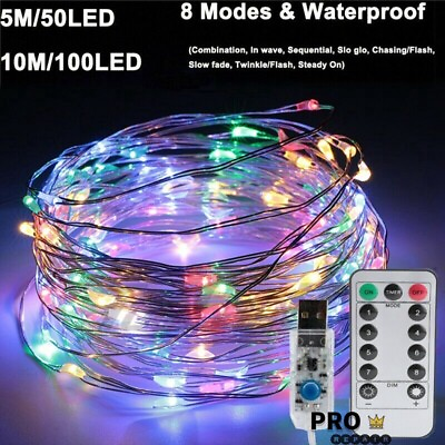 #ad USB Twinkle LED String Fairy Lights 5 20M 50 100 200LED Copper Wire Party Remote $13.29