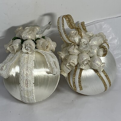 #ad VINTAGE 2 Pc WHITE SATIN BALL Christmas Ornaments RIBBON ROSES Gold Lace 3quot; $13.95