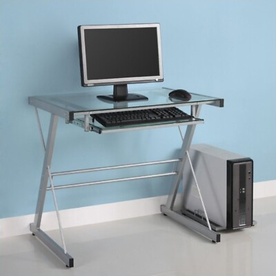 #ad Pemberly Row Modern Metal Glass Small Computer Desk in Silver $81.19