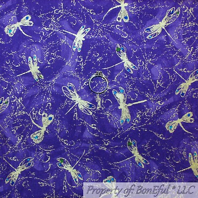#ad BonEful Fabric FQ Cotton Quilt Purple Gold Metallic Glitter Dragonfly Wing Girl $5.78
