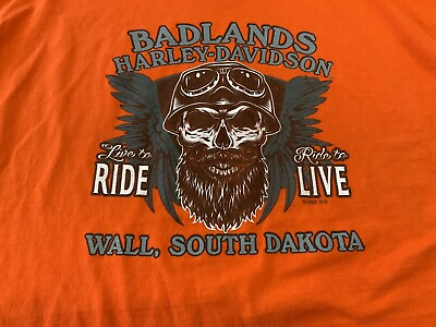 #ad Harley Davidson Graphic Tee Shirt Orange Badlands Wall South Dakota Mens SZ LRG $12.99
