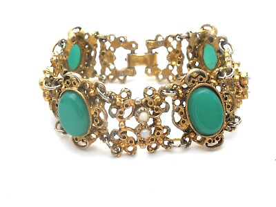 #ad Victorian Revival Bracelet LJM Laurentian Green Rhinestone Seed Pearls Vintage $39.00