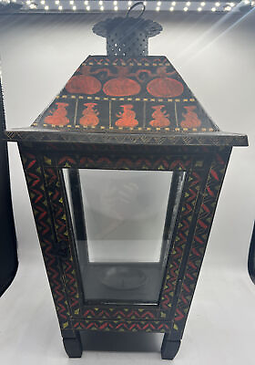 #ad Vintage Hand Painted Hanging Candle Lantern Large Wooden Asian Glass Doors $152.99