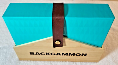 #ad Pressman Backgammon Wooden Game Board w Dice Wood Metal Leather Turquoise NEW $29.95