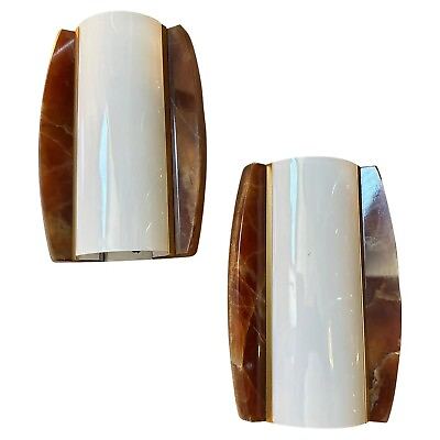 #ad Two 1960s mid Century Modern Marble Brass And Plexiglass Italian Wall Sconces $1396.72