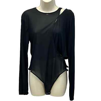 #ad Bar III Faux Wrap Long Sleeve Semi Sheer One Cold Shoulder Bodysuit Black XL $19.00