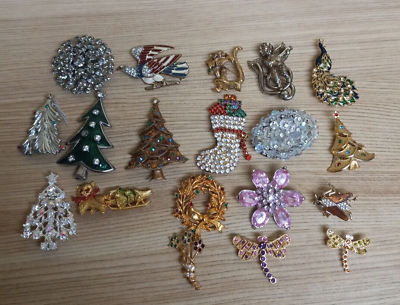 #ad VINTAGE Brooch Lot Cat Christmas Tree Flower Animal Insect Rhinestone QTY 19 $108.00