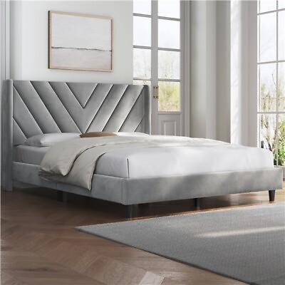 #ad Full Queen Upholstered Bed Frame with Wooden Slat Support and Wing Side $129.99