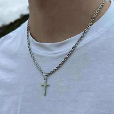 #ad Men Stainless Steel Cross Pendant Necklace Hip Hop Simple Chain Silvery Gift New $13.98