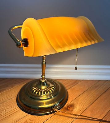 #ad Vtg Brass Bankers Piano Desk Lamp w Shell Shape Amber Orange Glass Shade RARE $158.05