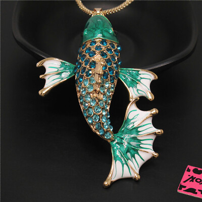 #ad New Fashion Lady Green Enamel Lucky Fish Crystal Pendant Women Necklace $3.95