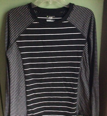 #ad Woman Dry Tek Gear Black White Striped Long Arm Shirt Fitness Shirt Size Large $12.75