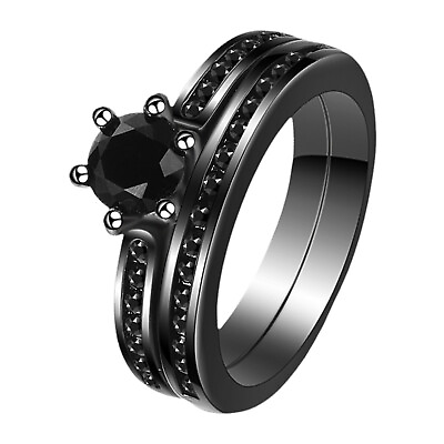 #ad 2Pcs Womens Stainless Steel Round Cut Black CZ Wedding Bands Promise Rings #5 10 $12.34
