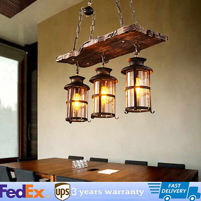 #ad 3 Light Farmhouse Loft Rustic Chandelier Wood Pendant Ceiling Light Fixture Lamp $89.78