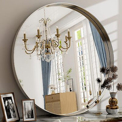 #ad 32 Inch Round Bathroom Mirror Wall Mounted Circle Mirror with Metal Frame ... $124.66