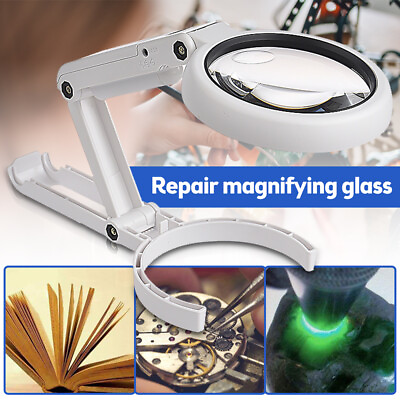 #ad 5 11X Magnifying Glass With 8 LED Light Magnifier Foldable Stand Table Lamp $14.11