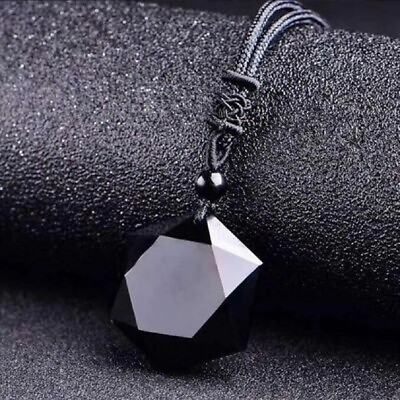 #ad Natural Black Obsidian Crystal Hexagon Pendant Black Stone Charm Necklace $12.50